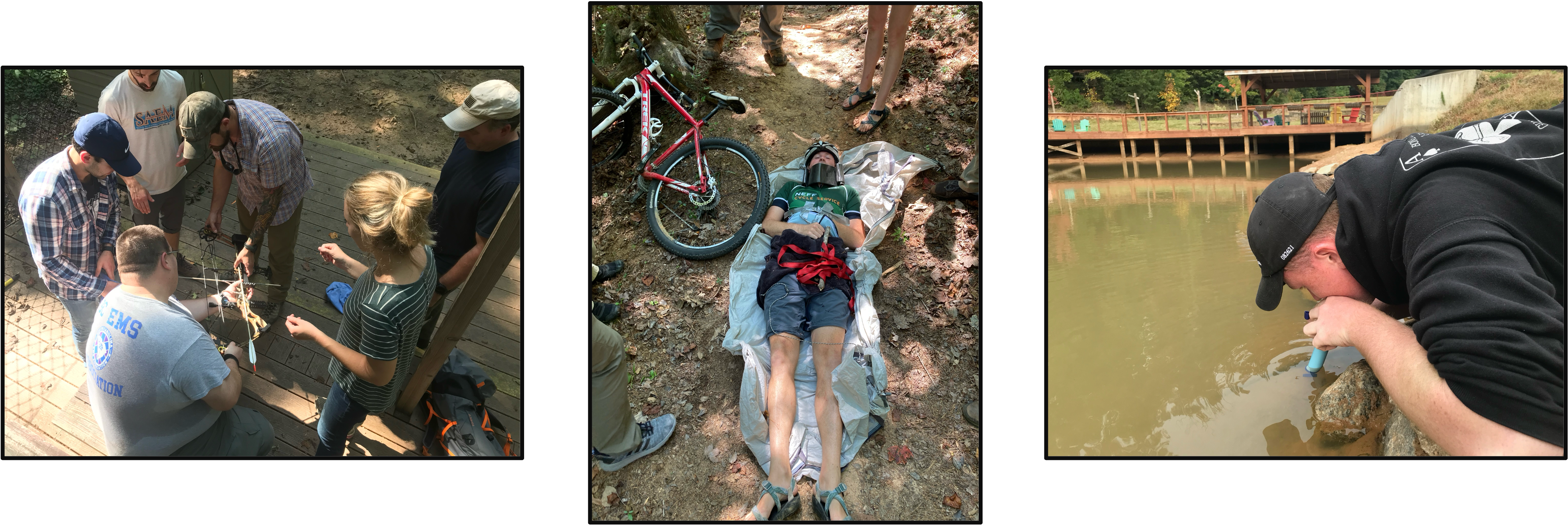 Three pictures from the 2025 R.A.M.S. 1) five participants looking at a crossbow, 2) a training scene with a simulated injured bicyclist lying on a trail beside a bicycle, and 3) a person leaning over the edge of a pond, using a device to check the water